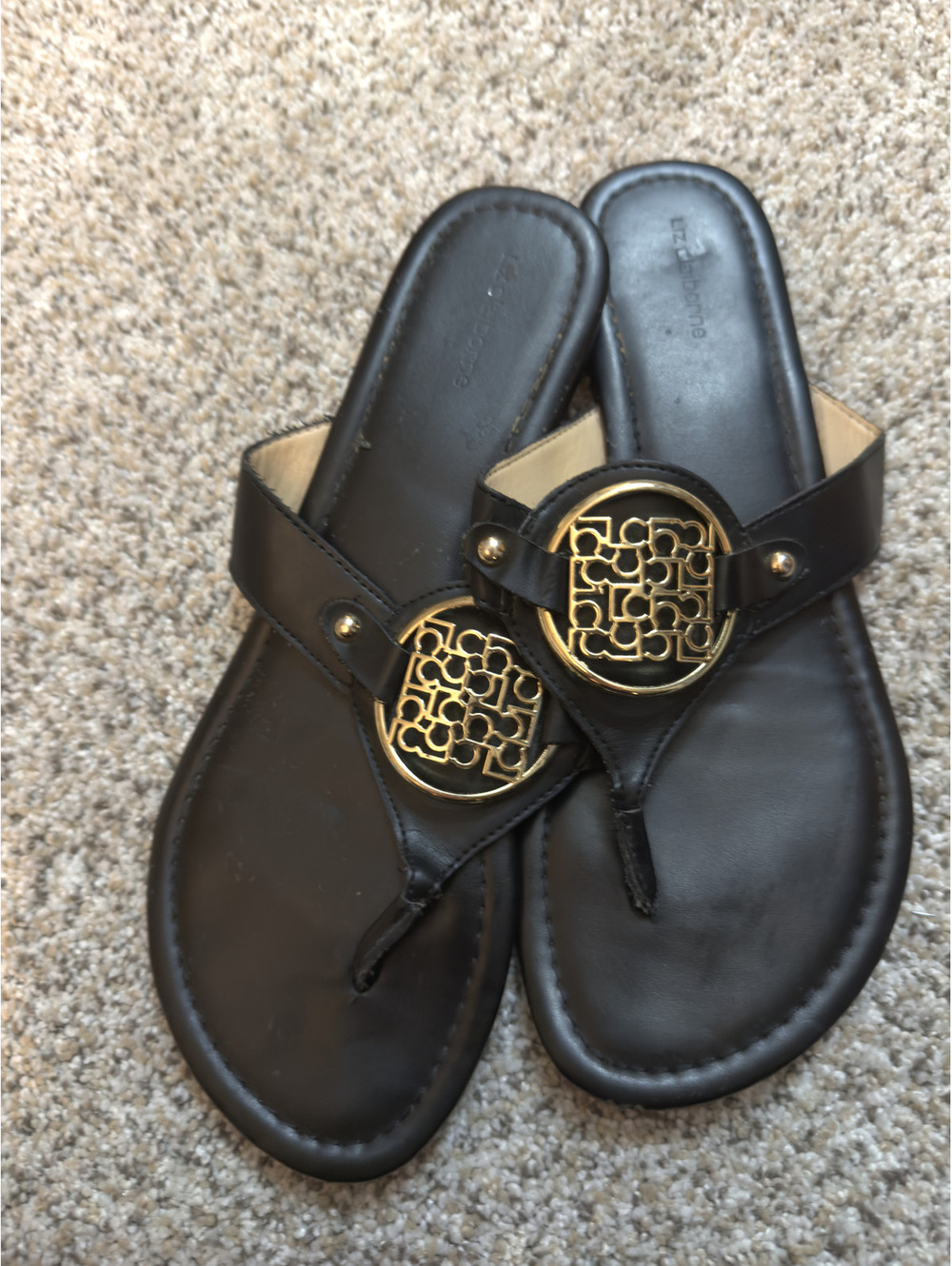 Liz Claiborne Black Leather Thong Sandals with Gold Logo Accent